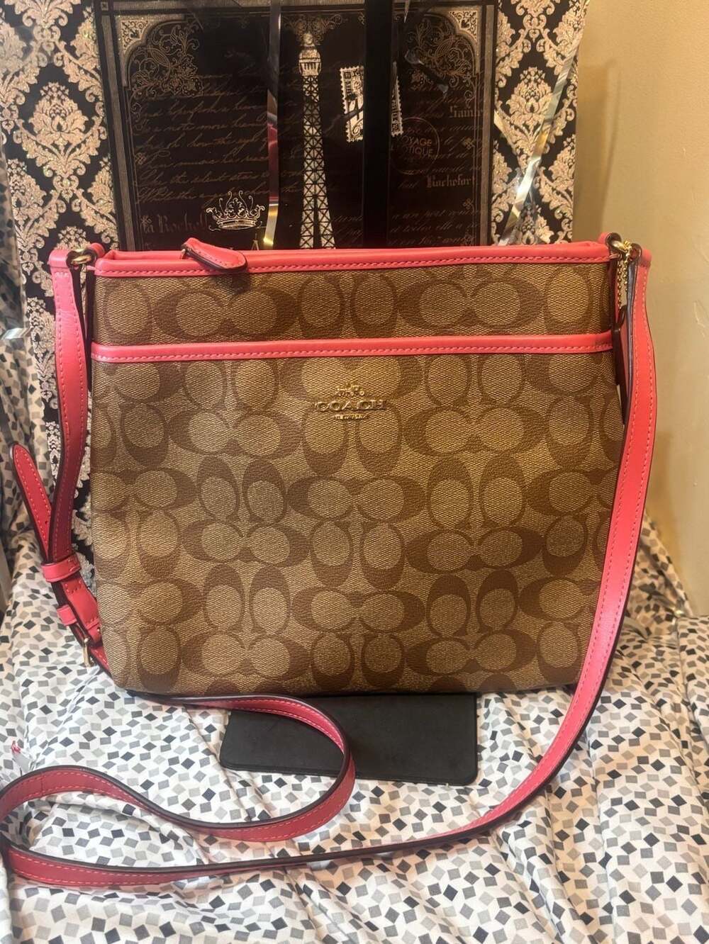 Coach Signature Zip Top Crossbody Bag F73156 In A Sassy Bright Pink Trim- BNWT
